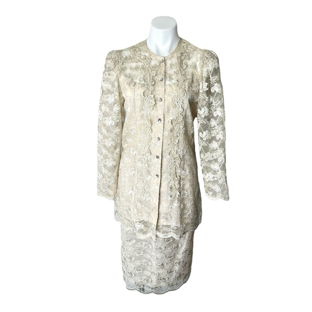 Vintage 80s Gilberti Lace Skirt Set Cream Edwardian Rhinestone Pearl M USA